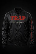 TRAP Bomber Jacket — black with red TRAP lettering