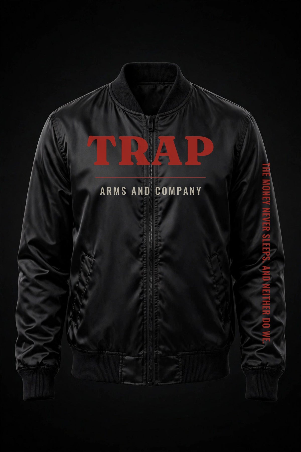 TRAP Bomber Jacket — black with red TRAP lettering